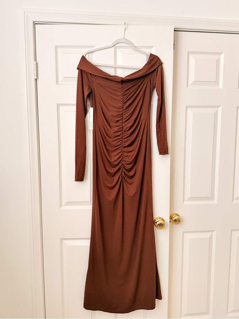 Anthropologie Bardot Rust Brown Off-the-Shoulder Ruched Long Sleeve Maxi Dress